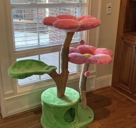 Fun Cat Tree, Kitty Treehouse, Cute Cat Trees, Cat Tree Cute, Cat Tower Aesthetic, Flower Cat Tree Diy, Cat Tree Aesthetic, Aesthetic Cat Tower, Cat Tower Diy