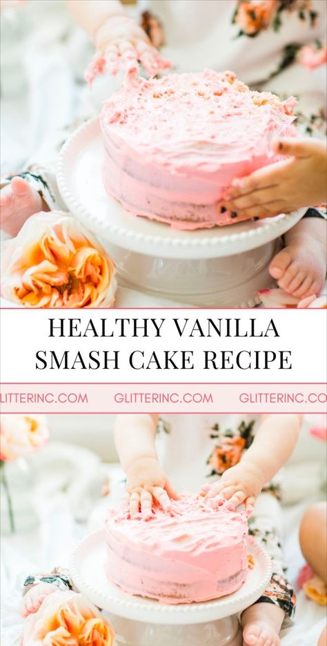 If you're looking for a healthy smash cake recipe for your little one's first birthday, try this healthy vanilla smash cake recipe that dairy free! Known as a crazy cake, this has no milk, egg, or butter. It's the perfect smash cake recipe for a birthday party to remember! Plus, it looks beautiful in those smash cake photos. Making A Smash Cake First Birthdays, Easy Cake Smash Cakes, Diy Smash Cake Girl, Diy Cake Smash Cake, Baby Girl Smash Cake Ideas, How To Make A Smash Cake, First Birthday Cakes Girl, Smash Cakes Girl 1st Birthday, 1st Birthday Smash Cake Girl