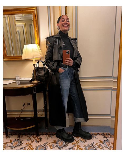 Tracee Ellis Ross on Instagram: "SOME OF MY TRAVEL LOOKS (Thank you @mpaganucci for the last image from @randomturtle I FEEL SEEN.)" White Lug Sole Boots Outfit, Celebrity Winter Outfits, Leather Coat Outfit, Travel Looks, December Outfits, Trench Coat Outfit, Tracee Ellis Ross, Leather Trench, My Travel