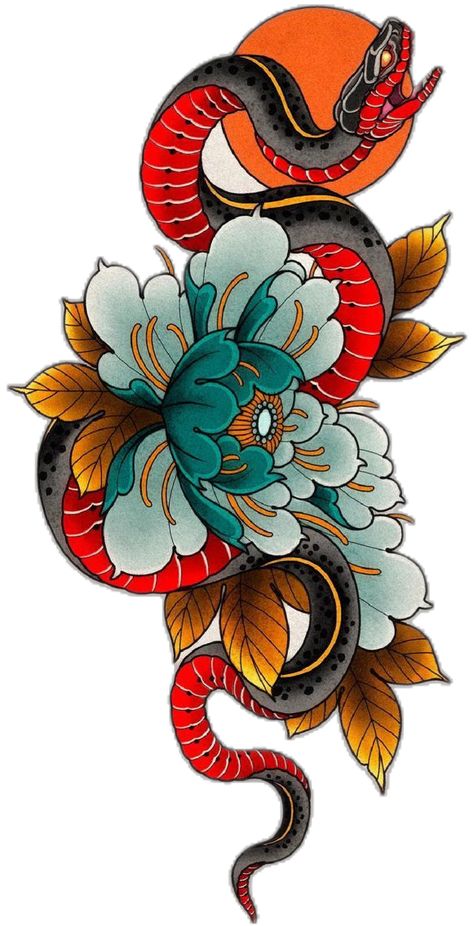 Japanese Trad Tattoo Design, Girly Japanese Tattoo, Japanese Colour Tattoo, Girly Snake Tattoo, Year Of The Snake Art, Japanese Snake Art, Neotraditional Snake Tattoo, Japanese Snake Tattoo Design, Japanese Neo Traditional Tattoo