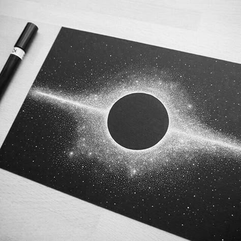 Drawing Pics, Deep Drawing, Stippling Art, Space Drawings, Black Paper Drawing, Black And White Illustrations, Black And White Art Drawing, Drawing Black, Galaxy Painting