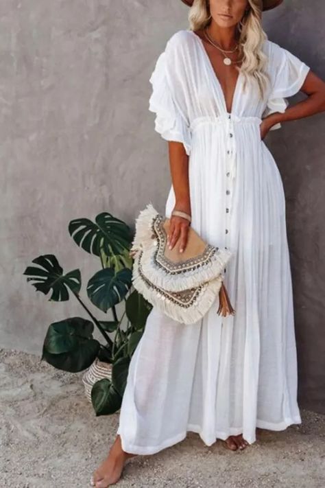 Maxi Dress 2021 Women White Backless Deep V Neck Ruffle Single Breasted Belted Sexy Summer Long Vacation Beach Dress Long Beach Wear, Look Boho Chic, Holiday Dresses Women, Womens Long Dresses, Beach Maxi Dress, Dress Shirt Sleeves, Boho Dresses, Maxi Dresses Casual, Moda Vintage