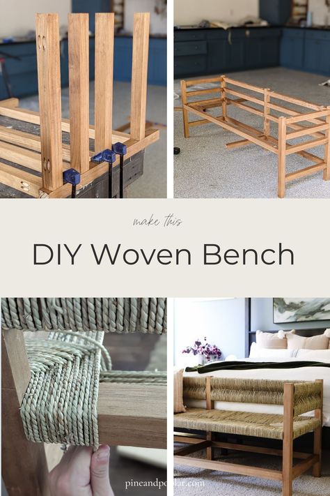 Make your own DIY bench with this step-by-step tutorial! We'll show you how to create this designer woven bench look for way less than retail prices. How To Style A Bench, Diy Bench With Back, How To Make A Bench, Diy Padded Bench, How To Make A Chair, Bed Bench Diy, Dyi Bench, Diy Woven Bench, Woven Bench