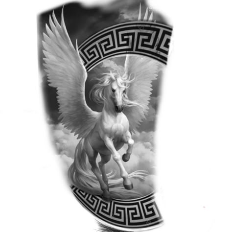 Pegasus Tattoos, Dragon Tattoo Shoulder, Pegasus Tattoo, Arm Tattoos Drawing, Poseidon Tattoo, Horse Tattoo Design, Chicano Tattoos Sleeve, Gris Color, Zeus Tattoo