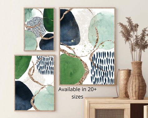 "Abstract Wall Art, Green and Navy Abstract Print Set of 3, Watercolour Shapes Printable Wall Art, Living Room Wall Decor, Hallway Print. PLEASE NOTE This listing is for an INSTANT DIGITAL DOWNLOAD. No physical product will be shipped. All of my files are sent in a high resolution (300DPI) format. This will ensure that you receive a high quality print, (no blurring). Upon purchase you will receive zip files containing 5 ratio sizes for each print as detailed below. I have also included a useful Wall Decor Hallway, Shapes Printable, Printable Wall Art Living Room, Green Living Room Decor, Navy Living Rooms, Decor Hallway, Wall Art Green, Art Living Room Wall, Living Room Green