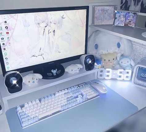 White And Blue Pc Setup, Blue And White Gaming Setup, Cinnamoroll Gaming Setup, Cinnamoroll Setup, Light Blue Gaming Setup, Blue Pc Setup, Small Gaming Setup, Blue Gaming Setup, Cinnamoroll Bedroom