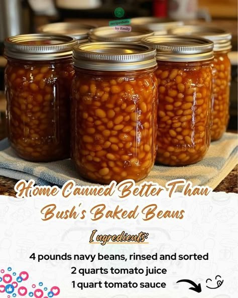 Emily Recipes | Home Canned Better Than Bush's Baked Beans 🍲 | Facebook Homemade Baked Beans Recipe, Pressure Canning Meat, Emergency Meals, Canned Beans Recipe, Canning Beans, Canning Sauces, Bake Beans, Canned Baked Beans, Canning Meat