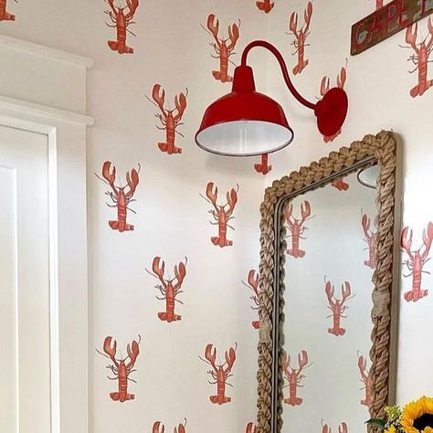 SARA FITZ on Instagram: "When a little bit of Maine lands in Texas ❤️ LOVE when you guys share your gorgeous spaces w us!! Our wallpaper is quite lucky to live in such fabulous spots! @lindseyherodinteriors 😍😍" Lobster Wallpaper, Red And White Bathroom, Red Lobster, Your Gorgeous, Bath Room, Bathroom Wallpaper, Cottage Design, Beach Cottage, Guest Bath