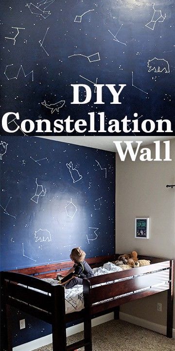 DIY Constellation Wall - Constellation mural wall DIY project and tutorial for painting one in your nursery or kids bedroom. Our star and space themed kids bedroom with constellations, stars, astronauts, planets, and counting sheep corner. Two kids in a shared bedroom with a low loft bed and a crib. Neutral decor for both genders, boy and girl. Diy Space Bedroom Decor, Star Mural Nursery, Diy Space Theme Decor, Diy Constellation Wall, Messi Bedroom, Constellation Mural, Kids Room Murals Diy, Planet Room, Boys Space Room