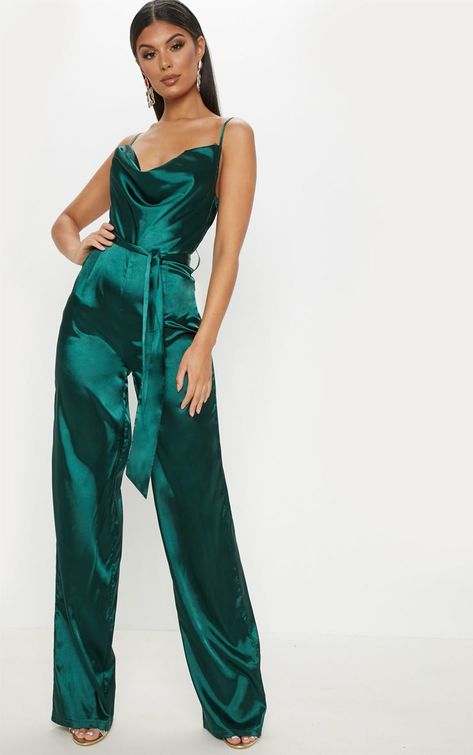 Emerald Green Cowl Neck Jumpsuit | PrettyLittleThing USA Green Jumpsuit Outfit, Emerald Green Outfit, Emerald Green Jumpsuit, Designer Overalls, Tie Waist Jumpsuit, Satin Jumpsuit, Wedding Jumpsuit, Green Trousers, Designer Jumpsuits