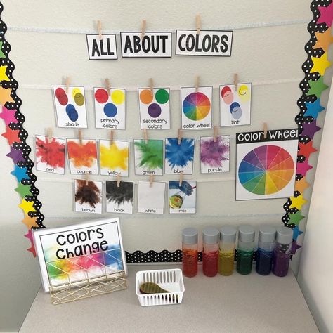 Colour Wheel Display Classroom, Colour Exploration, Stem Station, Preschool Displays, Art Classroom Posters, Art Bulletin Boards, Art Classroom Management, Color Unit, Preschool Bulletin