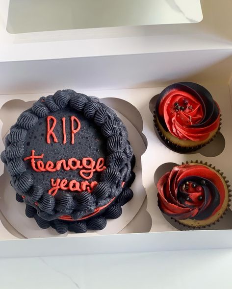 🪦RIP Black Cake with Red Details❤️‍🔥 • • #ripteenageyears #blackcake #reddetails #dessert #dessertshop #cake #cupcakes #cakedecorating Rip My Teenage Years Party, Rip Teenage Years Cake, Rip Teenage Years Party, 20th Bday, Fiesta Halloween, Black Cake, Celebrate Good Times, Red Details, Cake Cupcakes