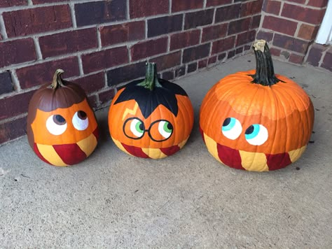 Harry Potter pumpkins for Halloween Painting Pumpkins Harry Potter, Hermione Pumpkin Painting, Painted Pumpkins Harry Potter, Harry Potter Themed Pumpkins, Pumpkin Painting Harry Potter, Painted Fall Pumpkins, Harry Potter Painted Pumpkin, Pumpkin Painting Ideas Harry Potter, Hermione Pumpkin