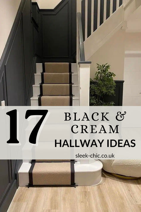 Cream is a very forgiving colour, it’s warmer and it lends a modern aesthetic to a hallway when combined with black accents. So, if you are looking to create a neutral and modern, yet warm hallway that feels light and airy, let’s explore these 17 black and cream hallway ideas that can easily be incorporated into any home. Neutral And Black Interior Design, Landing Styling Ideas, White And Cream Hallway, White Black Hallway, Cream And Black Stairs, Black Beadboard Hallway, Black And White Hallways And Stairs, Cream Walls With Black Doors, Black Walls In Hallway