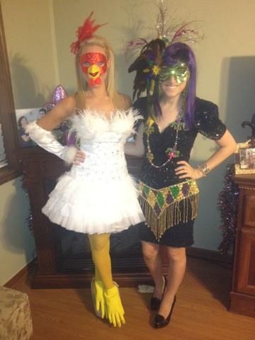 Traditional chicken run and mardi gras costume! Crazy Chicken Lady Costume, Chicken Costume Women's, Womens Chicken Costume, Diy Chicken Costume Women, Chicken Makeup, Circus Gala, Chicken Costume, Chicken Costumes, Mardi Gras Outfits