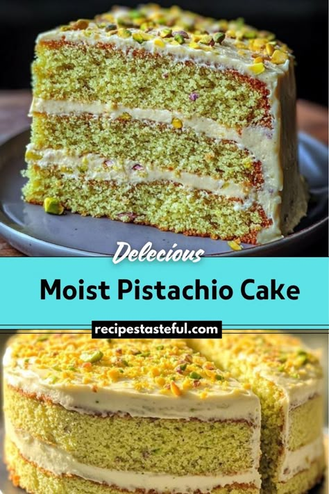 Moist Pistachio Cake is a flavorful and soft cake made with finely ground pistachios, giving it a beautiful green hue and nutty taste. It’s perfect as a dessert with coffee or tea and can be topped with a sweet glaze for extra indulgence. Pistachio Cake Recipe Easy, Pistachio Sponge Cake, Pistachio Dessert Cake, Pistachio Layer Cake, Pistachio Cake With Box Cake, Pistachio Cake Recipe From Scratch, Moist Pistachio Cake, Pistachio Cream Cake, Easy Pistachio Cake