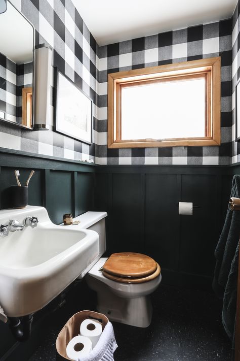 Reveal : Cabin Tiny Bathroom - Deuce Cities Henhouse Cabin Chic Bathroom, Tiny Cabin Bathroom, Plaid Bathroom, Tiny Half Bath, Tiny Bath, Cabin Bathroom, Cabin Bathrooms, Bathroom Red, Tiny Cabin