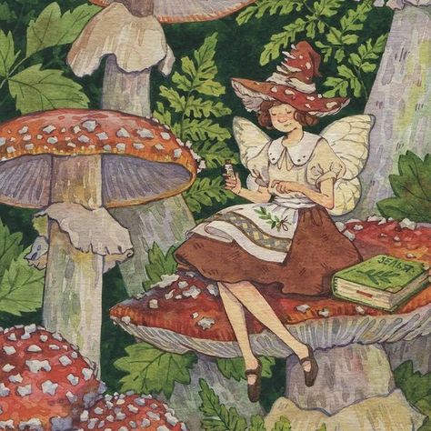 Plakat Design Inspiration, Fairy Sitting, Photographie Indie, Illustration Kunst, Images Kawaii, Fairy Aesthetic, Arte Inspo, Fairytale Art, Mushroom Art