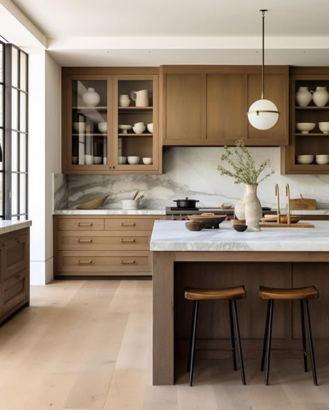 KITCHEN INSPIRATION: darker wood cabinetry & super veiny marble countertops with matching backsplash & white oak floors. Love this color… | Instagram Transitional Decor Kitchen, New House - Kitchen, Oak Kitchen, Kitchen Marble, Kitchen Inspiration Design, Transitional Decor, Large Kitchen, Kitchen Remodel Idea, Wood Kitchen