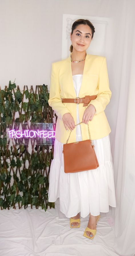 White frock kurti paired with Yellow Blazer and matched with square toe yellow heels (illuminating) completing the look with tan accessories. #whitekurti #yellowblazer #zarablazer #indianoutfit #whitesummerdress #summerdress #whitedress #brownbag #brownsatchel #tanhandbag #tanbelt #yellowheels #squaretoeheels #heels #blazers #outfitideas #indianoutfitidea #lookoftheday #chicoutfitideas #whitefrockkurti #anarkali Kurta Styling, Tan Accessories, White Frock, Yellow Blazer, Yellow Heels, Tan Handbags, Ethnic Looks, Ootd Ideas, Zara Blazer