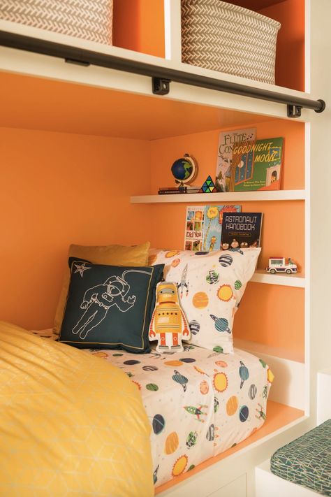 21 of the Absolute Best Paint Colors for Kids' Rooms Orange Playroom, Boys Bedroom Orange, Orange Boys Rooms, Orange Kids Rooms, Kids Room Paint Colors, Boys Bedroom Colors, Bright Kids Room, Boys Bedroom Paint, Kids Bedroom Boys