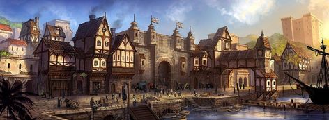 Medieval Market, Fantasy Town, Fantasy Background, Level Design, Fantasy City, Fantasy Castle, Fantasy Setting, Fantasy Places, Landscape Scenery