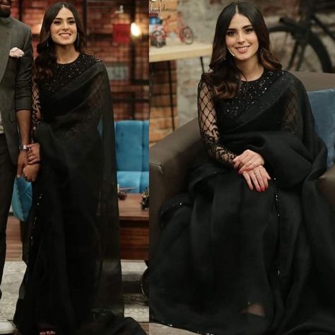 Abeera Mir on Instagram: “@iiqraaziz looked so pretty on @timeoutwithahsankhanofficial in a black sheer saree 🖤 #fashiontalkbyabeera #iqraaziz #timeoutwithahsankhan” Iqra Aziz Black Saree, Iqra Aziz In Saree, Black Sari Look, Black Saree For Wedding, Black Saari, Black Saree Designs, Sheer Saree, Pretty Saree, Black Pakistani Dress