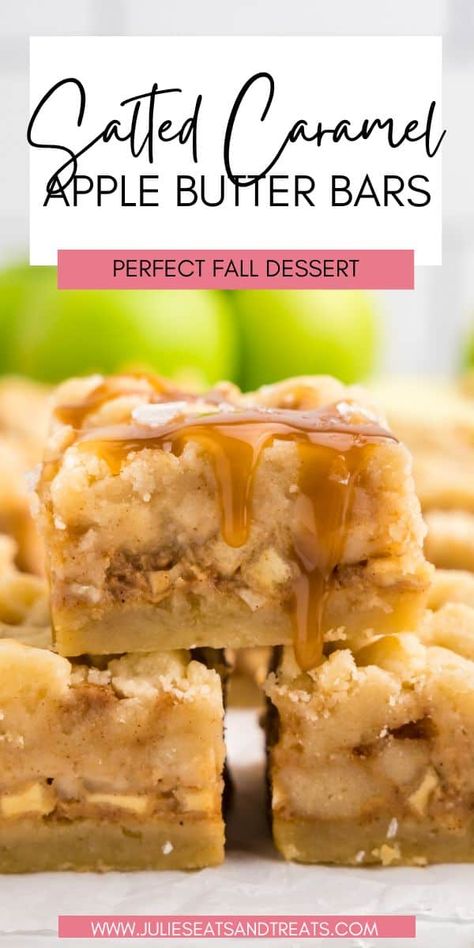 These amazing Salted Caramel Apple Butter Bars start with a delicious shortbread crust that's topped with caramel apple filling and chunks of shortbread dough on top. This is the perfect fall dessert recipe! Salted Caramel Apple Butter, Cheesecake Apples, Apple Butter Bars, Oat Streusel Topping, Caramel Apple Butter, Apple Bar Recipes, Caramel Apple Desserts, Apple Cheesecake Bars, Caramel Apple Cheesecake Bars