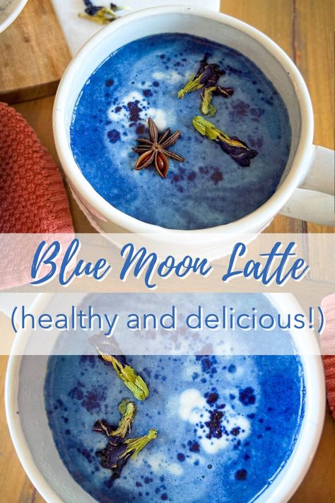 This Blue Moon Latte is made with only 2 ingredients. It's loaded with antioxidants and benefits for your skin, hair, and nails. Plus, it's delicious! Make yourself one of these gorgeous lattes today! Blue Moon Milk Recipe, Blue Moon Drinks, Blueberry Latte, Juice Cart, Moon Drink, Moon Milk Recipe, Blue Latte, Warm Winter Drinks, Moon Tea