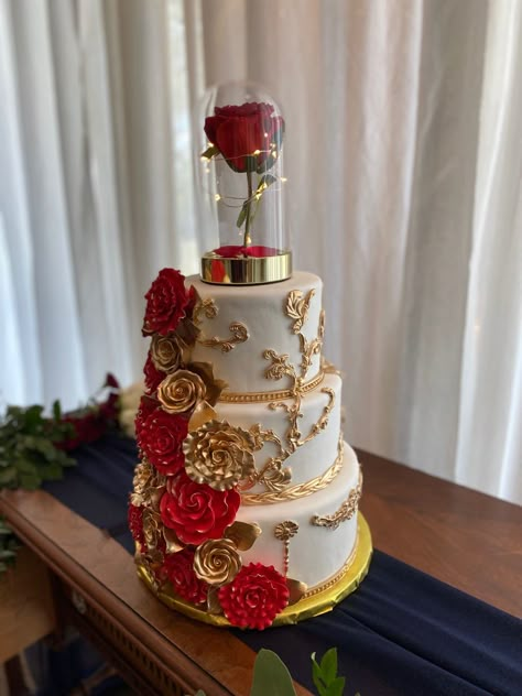 Rose Quince Cake, Quince Cakes Red, Quinceanera Cakes Red, Red Quince Cake, Quince Birthday Cake, Quince Cake Ideas, Beauty And The Beast Wedding Cake, Beauty And The Beast Quinceanera, Beauty Beast Wedding