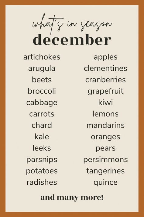 This December produce guide is your comprehensive list of all the fruits and vegetables in season this month! It is the perfect time to explore a whole new list of fruits and vegetables that are currently at their peak. From holiday gatherings to weeknight meals, incorporating these fresh ingredients into your cooking is the best way to cook with the seasons. December Produce, In Season Fruits And Vegetables, Fruits And Vegetables In Season, Vegetables In Season, Fruit Centerpieces, Fruit List, Whats In Season, Fruit Carving, In Season Produce