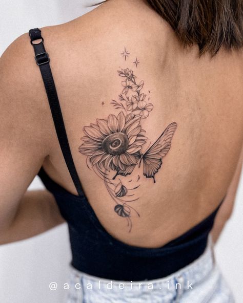 Fine line tattoo artist @acaldeira.ink Sunflower, floral, butterfly Butterfly Sunflower Tattoo, Sunflower Butterfly Tattoo, Sunflower And Butterfly Tattoo, Fine Line Sunflower Tattoo, Tattoo Aesthetic, Fine Line Tattoo, Line Tattoo, Sunflower Tattoo, Floral Butterfly