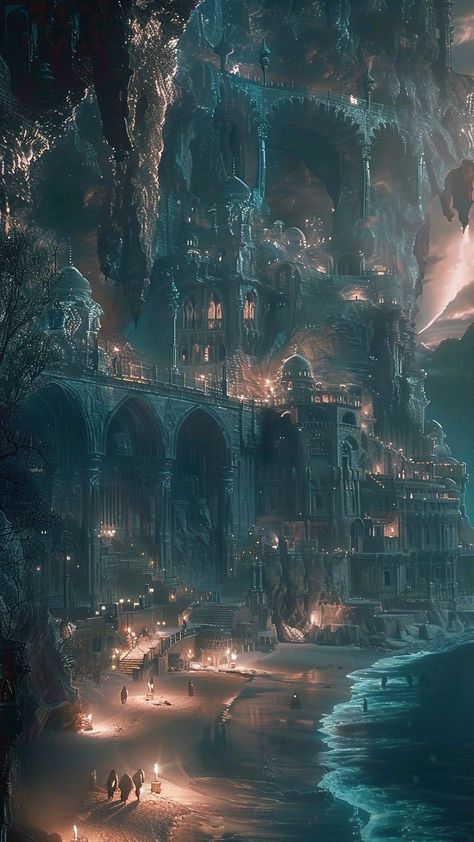 Mystical Kingdom Art, Fantasy Structures Concept Art, Fantasy Locations Art, Magic City Aesthetic, Underworld City, Fantasy World Aesthetic, King Hades, Fantasy World Art, World Concept Art