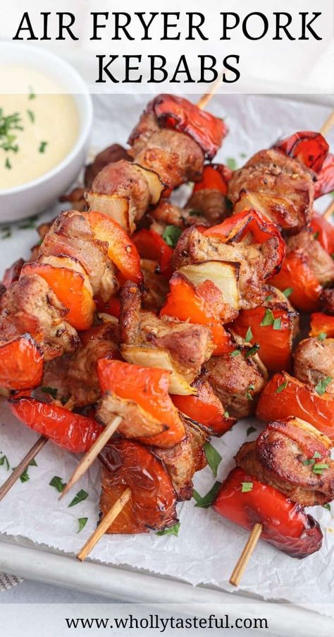 These juicy and delicious Pork Kebabs can be made in the air fryer or oven. Lean pork tenderloin cubes are marinaded in paprika, olive oil and fresh garlic, and then layered with red bell peppers, onions and bacon and cooked to perfection. Served with creamy mustard maple dipping sauce! Maple Dipping Sauce, Cubed Pork Recipes, Fried Pork Tenderloin, Tasteful Recipes, Pork Kebabs, Pork Kabobs, Dinners Ideas, New Air Fryer Recipes, Healthy Pork