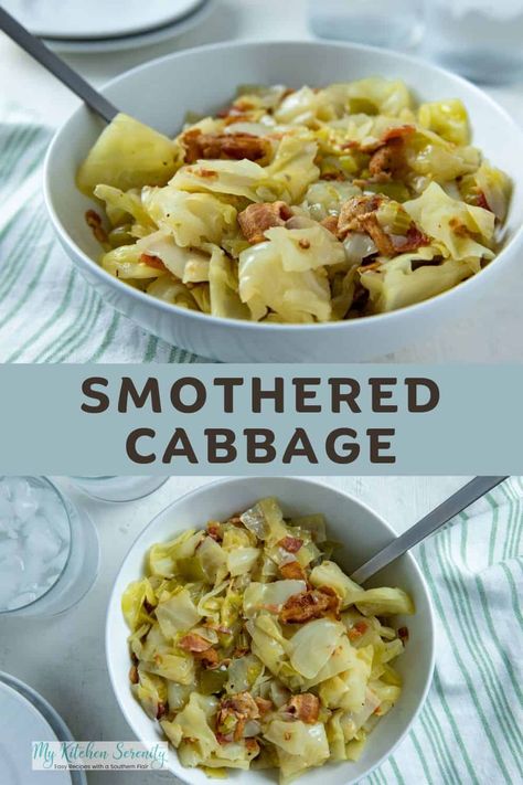 Smothered Cabbage is a Southern and Cajun side dish cooked slowly in a Dutch oven with smoked bacon, onion, bell pepper, and celery. Smothered Cabbage Recipe, Southern Cabbage, Smothered Cabbage, Healthy Thanksgiving Dinner, Dinners Simple, Cabbage Recipes Southern, Recipe Cabbage, Boiled Cabbage, Carb Sides