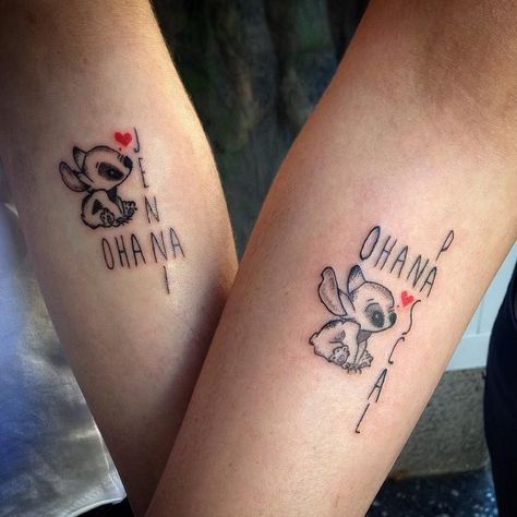 Matching Disney Tattoos, Disney Stitch Tattoo, Lilo And Stitch Tattoo, Symbol Of Family, Ohana Tattoo, Partner Tattoos, Small Sister Tattoos, Tattoo Placements, Matching Best Friend Tattoos