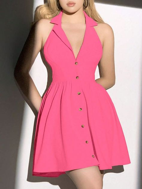 Hot Pink Casual,Sexy Collar Sleeveless Fabric Plain A Line Embellished Non-Stretch  Women Clothing Frocks And Gowns, Simple Frocks, Casual College Outfits, Fashion Top Outfits, African Fashion Women Clothing, Woman Suit Fashion, Open Back Dress, Classy Dress Outfits, Stylish Work Outfits