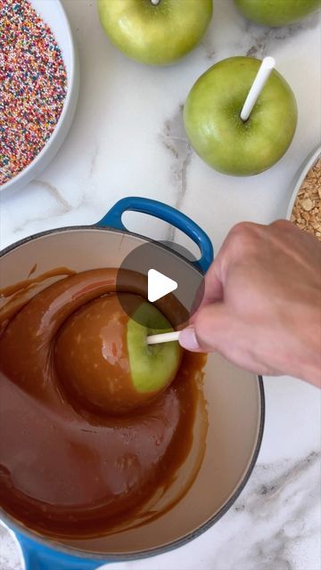 Kelly Senyei | Just a Taste® on Instagram: "SHORTCUT CARAMEL APPLES! 🤯

Why waste time making homemade caramel (that may or may not stick to apples 🫠) when you can use my store-bought shortcut! Melting soft caramels with heavy cream is a fast, fool-proof way to DIY the season’s ultimate sweet on-a-stick. 🍏 This quick recipe lets you fully customize your toppings, from chopped nuts to sprinkles to chocolate drizzle!

👉🏻 COMMENT with the word APPLE and I’ll DM you the clickable recipe link!

#caramelapples #caramelapple #halloween #halloweendesserts #cookinghacks #applerecipes #applepicking" Chocolate Covered Caramel Apples, Melting Caramel Squares, Carmel Apple Slices On Stick, Diy Caramel Apples, Caramel Apples Diy, Candy Apples Caramel, Soft Caramels, Diy Caramel, Candy Apple Recipe