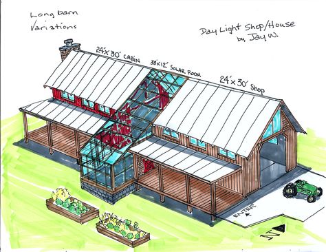 SHOP/HOUSE for maker,creator folks ,I like to do these 10 minute drawings from ideas I've put together from pins. Imagine having an indoor herb garden,tropical trees, hot tub or pool with a waterfall inside while all the light fills both structures.Green house would need proper venting and  louvered shading seasonally.~~by  Jay Surfwillys Garden Tropical, Tropical Trees, Unique Floor Plans, Indoor Herb, Indoor Herb Garden, Farm Buildings, Green Architecture, House Blueprints, House Drawing