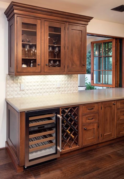 Santa Barbara Mediterranean | Keeping Interiors Mediterranean Kitchen Cabinets, Kitchen Backslash, Custom Wood Cabinets, Built In China Cabinet, Walnut Hardwood Flooring, Spanish Mediterranean, White Tile Backsplash, Bronze Fixtures, Kitchen Cabinets And Countertops