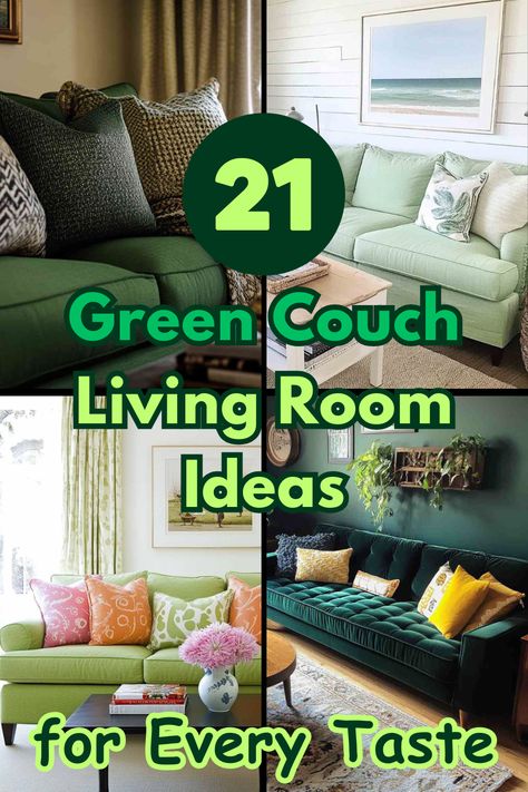 Add a touch of elegance or a pop of color with a green couch! Check out these 21 creative living room ideas to make your space stylish, comfortable, and full of personality. #GreenCouch #LivingRoomIdeas #HomeDecor #InteriorDesign #CouchStyling Living Room Green Couch Decor, Small Living Room Ideas Olive Green, Dark Olive Green Sofa Living Room Ideas, Area Rug For Green Couch, Olive Couch Living Room Decor, Brown Couch Green Chair, Green Couch Paint Wall Colors, Area Rug With Green Couch, Pillows For A Green Couch