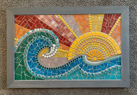 15" x 24" #mosaicsun #mosaicwaves Wave Mosaic Art, Waves Mosaic Art, Ocean Mosaic Art, Modern Mosaic Art Patterns, Geometric Mosaic Art, Sun Mosaic Art, Mosaic Art Beginners, Sun Mosaic Ideas, Beach Mosaic Patterns