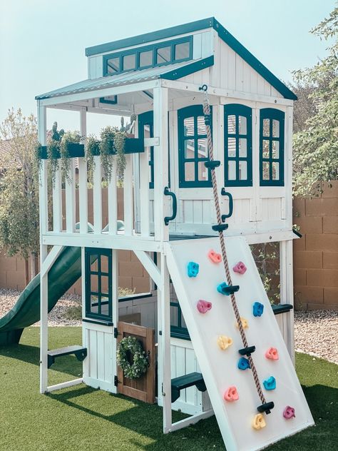 Playground House Ideas, Playground For Small Backyard, Playground Makeover Diy Projects, Play Set Design Ideas, Diy Fort With Slide, Kidkraft Cozy Escape Playhouse, Outdoor Backyard Playground, Play Set Small Backyard, Playground Sets Backyards