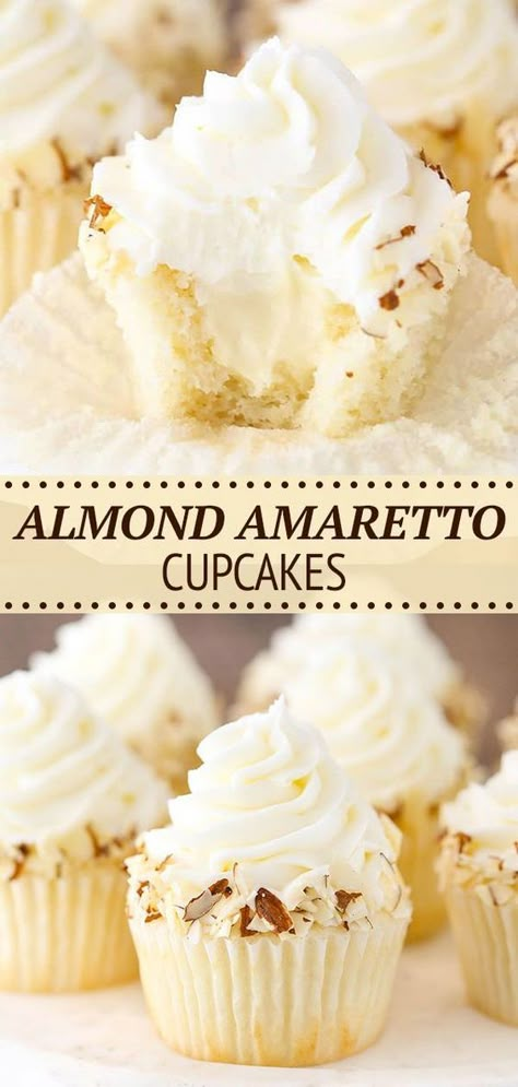 Amaretto Wedding Cake, Foods For Gatherings, Fluffy White Cupcakes, Amaretto Food Recipes, New Cupcake Ideas, Amaretto Deserts, Fruity Cupcake Flavors, Best Filled Cupcake Recipes, New Cupcake Flavors Ideas