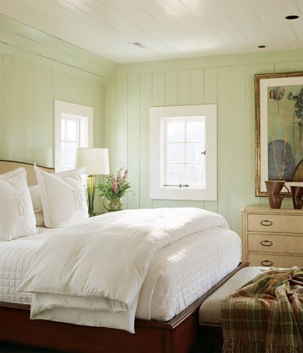 Paneling Ideas, Green Bedroom Walls, Sage Green Bedroom, White Bed, Paint Wood, Green Walls, Bedroom Paint Colors, Green Rooms, Bedroom Green