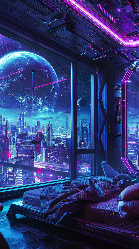 Cyberpunk Office Design, Cyberpunk Space Aesthetic, Futuristic City Cyberpunk, Cyberpunk Bedroom Aesthetic, Space Station Aesthetic, Bedroom Cyberpunk, 80s Cyberpunk Aesthetic, Cyberpunk Furniture, Sci Fi Living Room