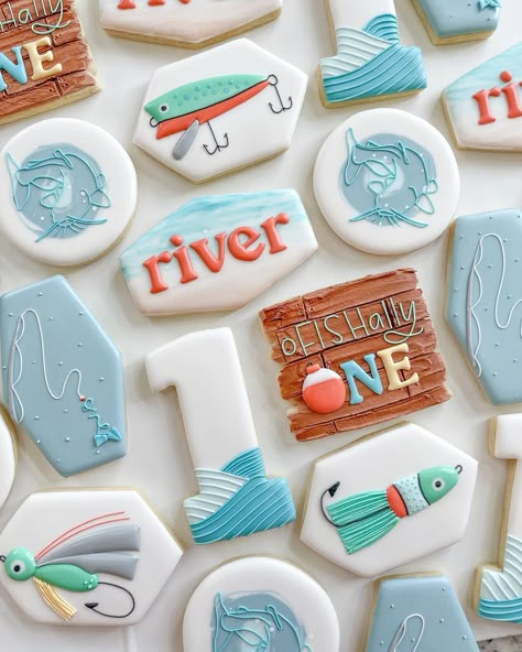 Lake 1st Birthday Party, Ice Fishing Birthday Party, 2nd Birthday Fishing Theme, River Themed Birthday Party, One Year Old Birthday Fishing Theme, Fishing Themed 1st Birthday Party, Oh Fishally One Birthday Cookies, Fishing Birthday Cookies Decorated, Fishing First Birthday Cookies