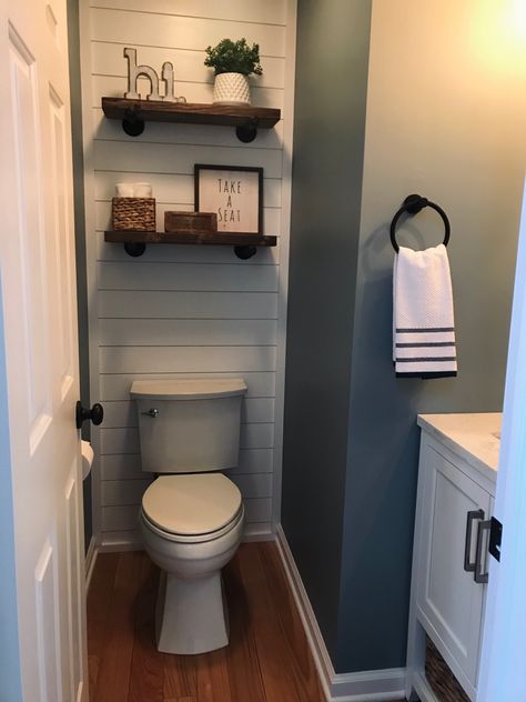 Shiplap Toilet Wall, Toilet Room Shiplap, Industrial Farmhouse Half Bath, Half Bath Shiplap Accent Wall, Bathroom Toilet Accent Wall, Shiplap Wall Behind Toilet, Behind Toilet Accent Wall Wallpaper, Shiplap Bathroom Wall Behind Toilet, Bathroom Ideas Shiplap Wall