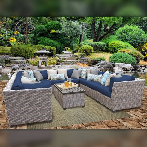 Delacora TKC-DPF-FLO11A Florence Outdoor 11 Piece Conversation Set - Includes Co Navy Outdoor Furniture Sets Conversation Hot Tub Landscaping, Outdoor Wicker Patio Furniture, Wicker Patio Furniture Set, Wicker Sectional, Outdoor Deco, Outdoor Conversation Sets, Outdoor Sofa Sets, Wicker Patio Furniture, Deck Furniture