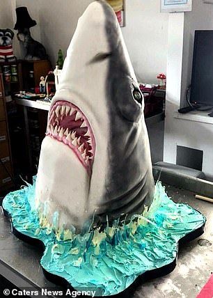 Make-up artist creates incredible 3D animal cakes | Daily Mail Online Realistic Shark Cake, Shark Head Cake, Shark Birthday Cake Ideas, Shark Cakes For Kids, Shark Cake Ideas, Shark Cakes, Sloth Cakes, Kid Cakes, Shark Birthday Cakes